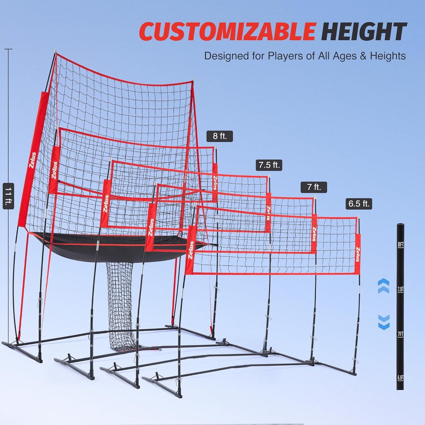 ZELUS Volleyball Training Equipment, 11x8 ft Volleyball Practice Net Station with Adjustable Height & Ball Return