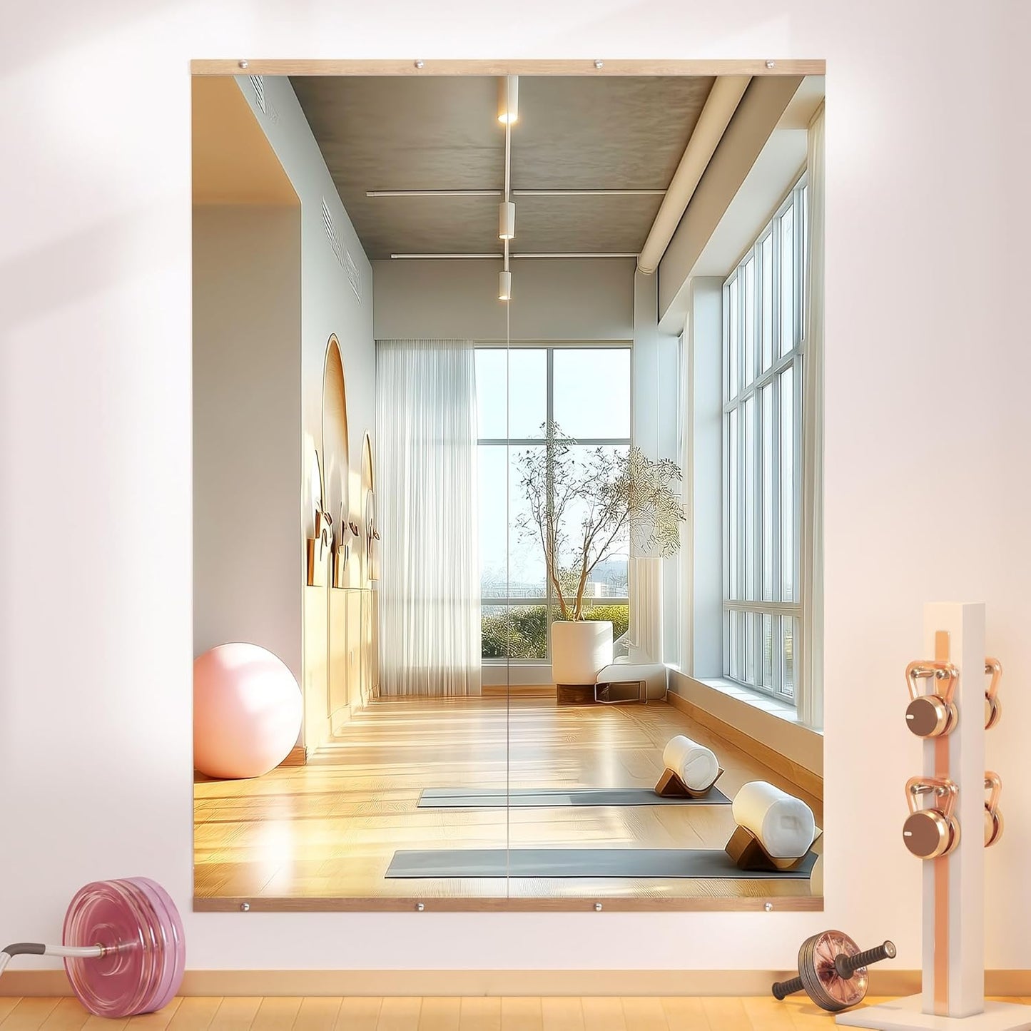 Hasipu 2Pcs 55''x20'' Home Gym Mirror Large Full Length Wall Mounted Full Body Mirror for Yoga Dance Fitness Exercise Studio Bedroom Garage, Frameless Tempered Glass Workout Mirrors Walnut Rectangular