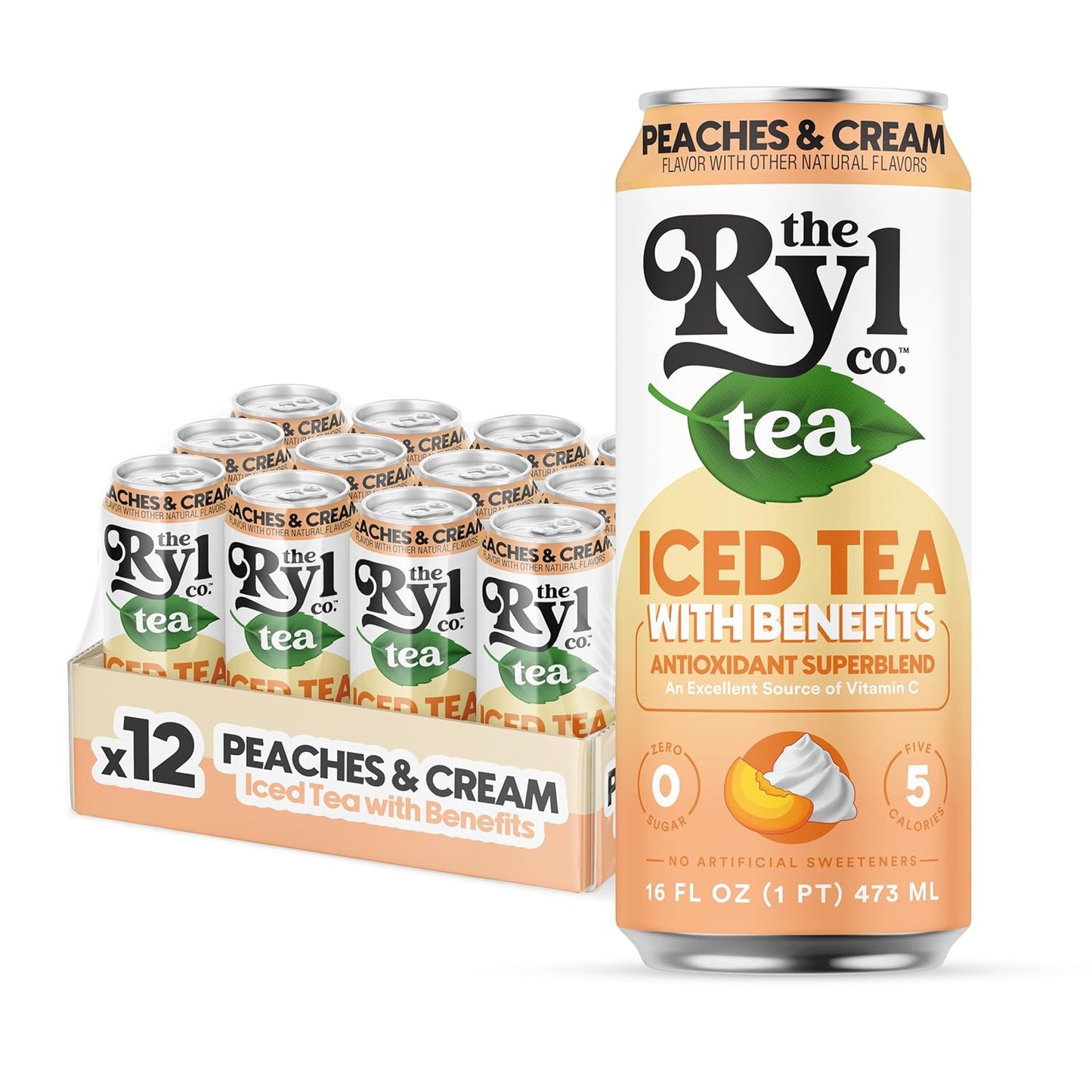 Ryl Iced Tea, Peaches & Cream Tea, Antioxidant Superblend, Zero Sugar, Low Carb, Zero Calorie Iced Tea, 16.0 Fl Oz (12-Pack)