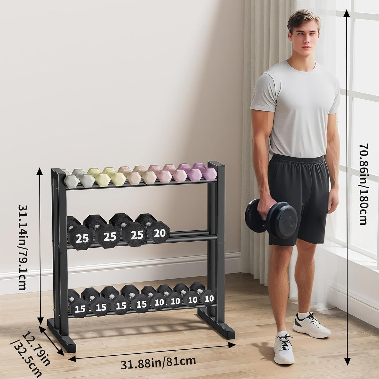 31Inch Dumbbell Rack Only - 450LB Capacity Weight Rack, 3-Tier Heavy Duty Dumbbell Stand Kettlebell Rack For Dumbbells, Kettlebells, Home Gym.