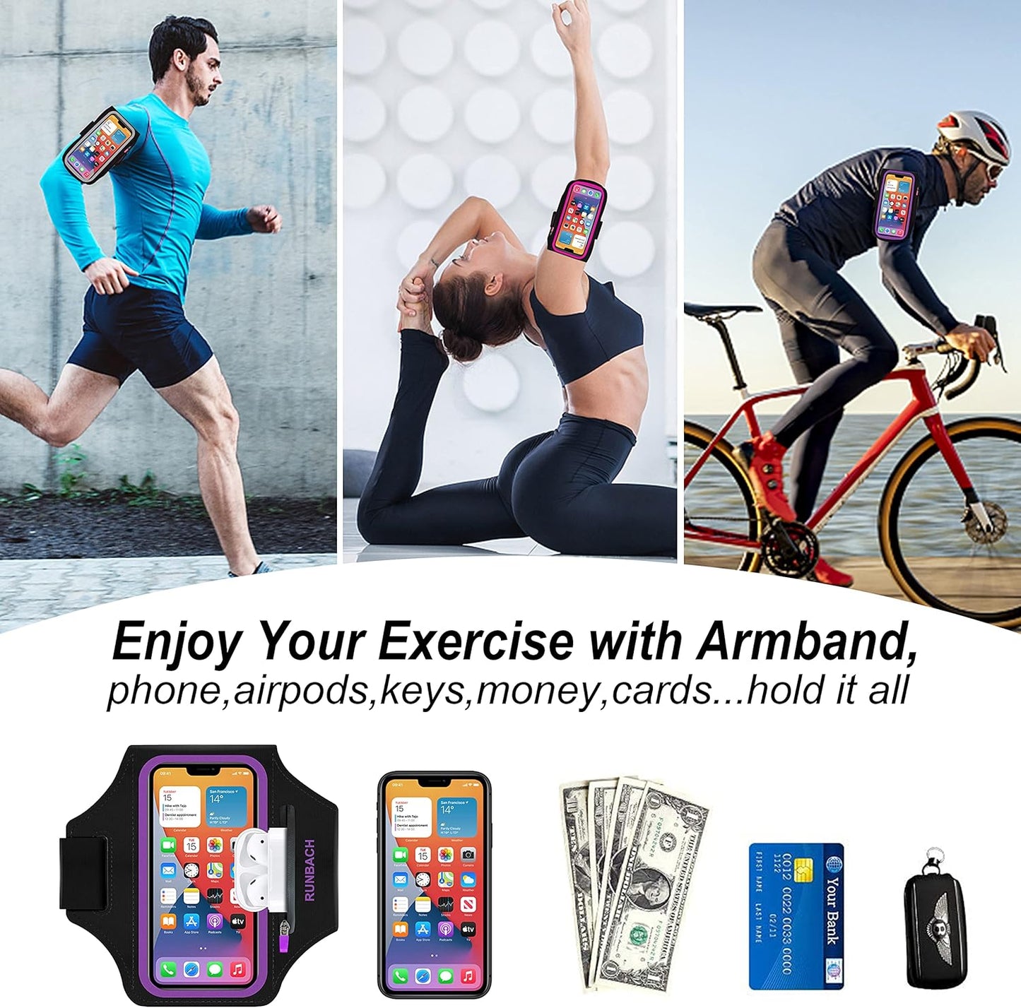 Armband for Samsung Galaxy S25/S24/S23/S22/S21/S20/S10/S9/S8,Galaxy A01/A8/A10e/A20e/A41/M01/Xcover 5,Water Resistant Sport Armband with Zipper Slot for Galaxy Buds (Purple)