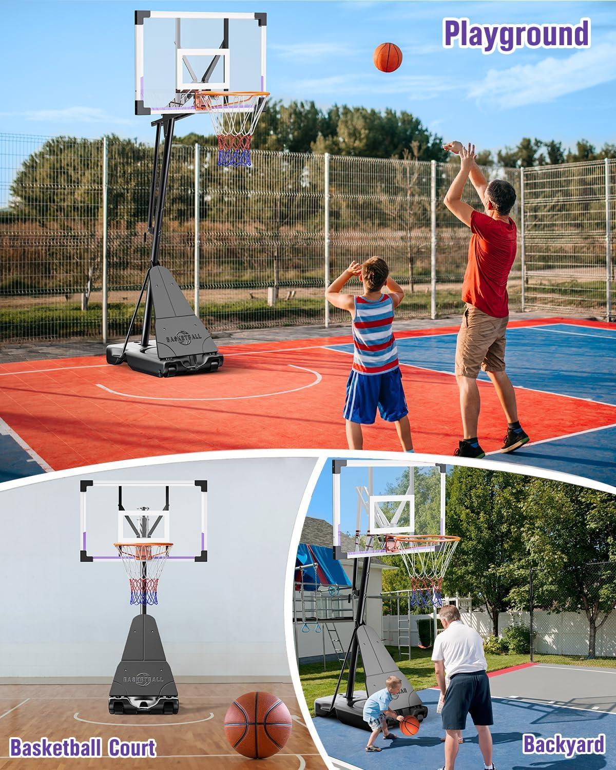 TONBUX Basketball Hoop Outdoor 44/48 Inch Shatterproof PC Backboard, 5.25-10FT Stepless Adjustable Height, Portable Basketball Hoop for Kids/Teens/Adults in Backyard, Driveway and Indoor