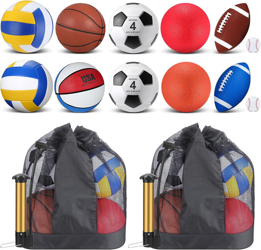 Deekin 12 Pcs Assorted Sport Ball Set Official Size Basketball, Football, Volleyball, Soccer, Baseball, Playground Ball with Bag and Pump Gift for Kid Youth Adult Back to School