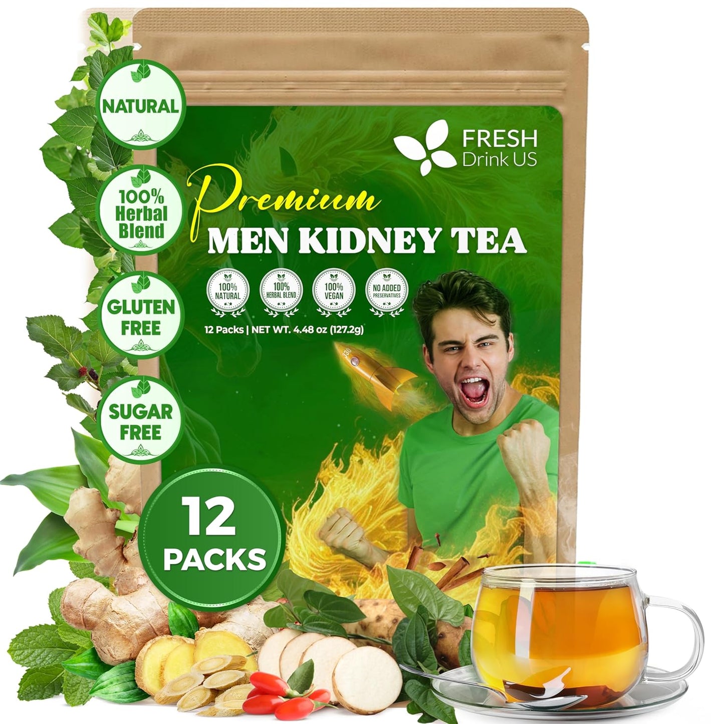 FreshDrinkUS, 12 Packs of Premium Herbal Kidney Support Tea – Ginseng Six Treasure Blend, 9 Powerful Ingredients, 10g/Bag – Men's Wellness Tea with Ginseng and Five Treasure Aid Root.