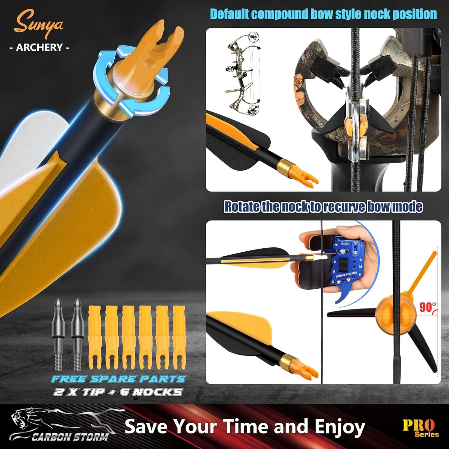 SUNYA 12-Pack 30 Inch Carbon Arrows Spine 500 or 400 for 40-60 LBS Bows｜Switch to Recurve/Compound Modes, Anti-Loose O-Ring & TPU Vanes for Hunting/Target Practice