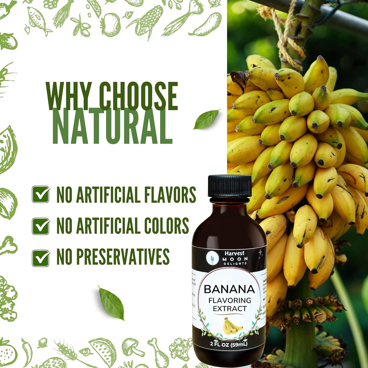 Natural Banana Extract - 2 oz - Water-Soluble - By Harvest Moon Delights - Banana Extract for Baking, Ice Cream, Drinks, and Candy - Sugar Free