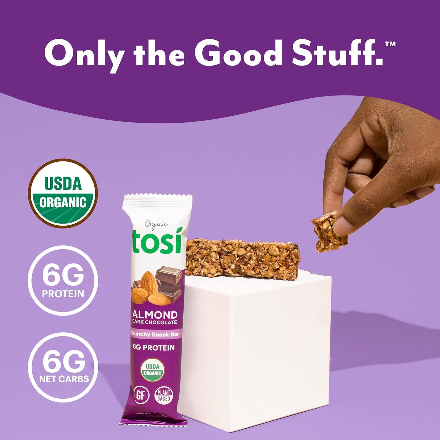 Tosi Dark Chocolate Almond Protein Bars, Plant Based with Nuts, Gluten-Free Crunchy Snacks, Vegan, Organic, Flax & Chia Seeds, Soy-Free, Omega 3s, 6G Protein, 1 oz, 12-Pack