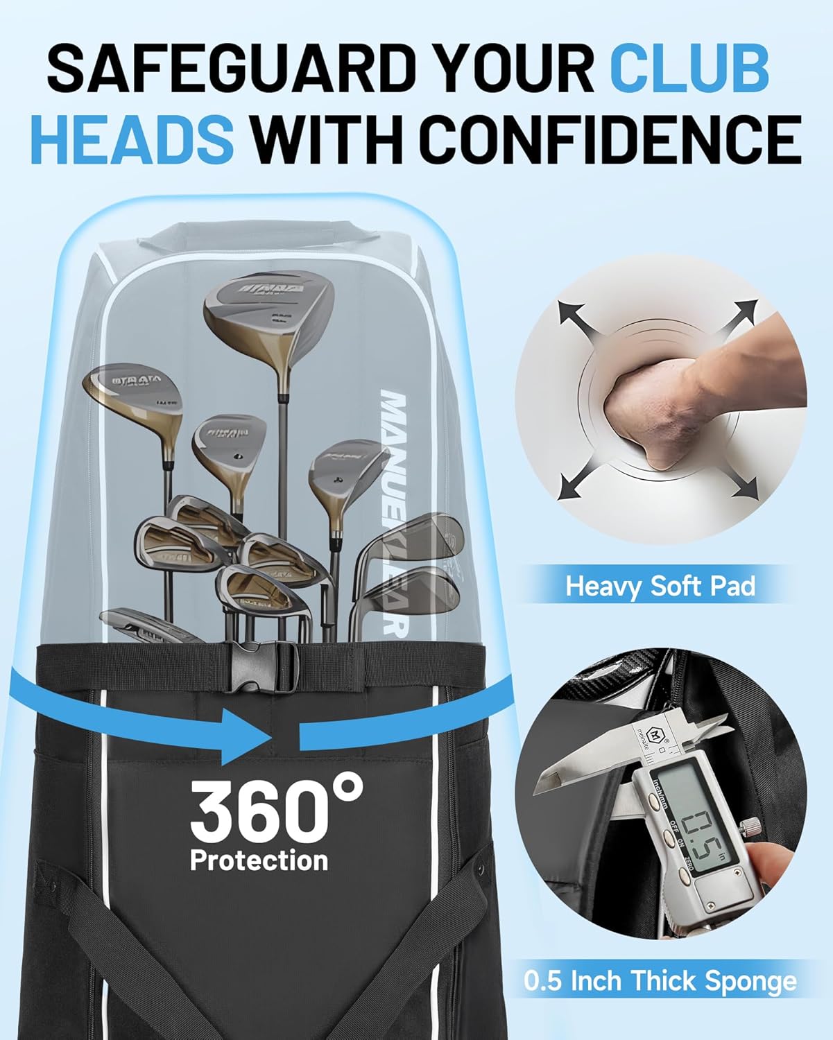 MANUEKLEAR 1680D Nylon Travel Golf Bags Club for Airlines with Wheels, Golf Travel Bags for Airlines with Padded Top, Golf Travel Case Cover with 3 Large Pocket for Golfer