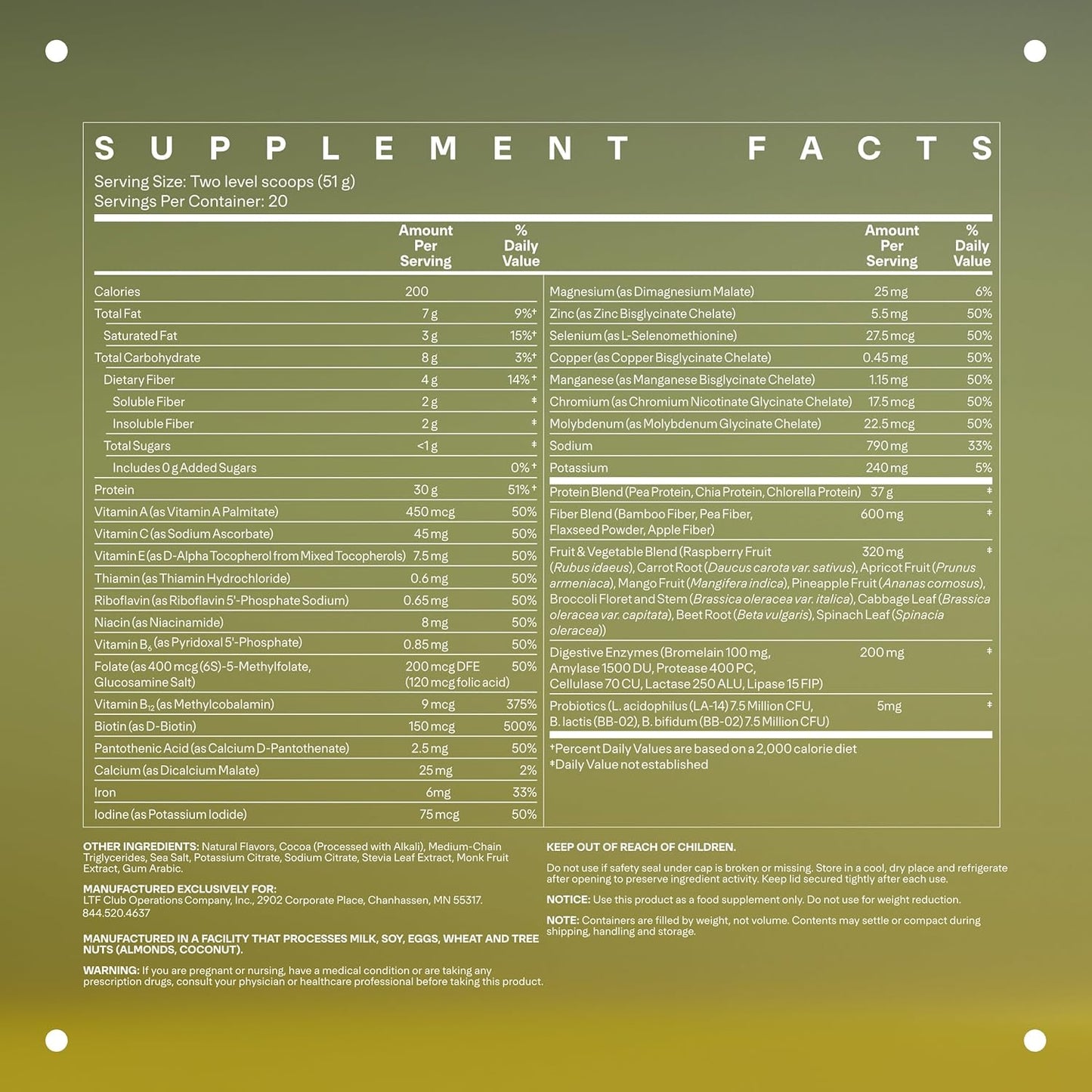 LTH Fuel Vegan & All-in-One - Trusted by Life Time Fitness Members - 30g Protein - Plant-Based Protein Meal Replacement - Vitamins, Minerals, Digestive Enzymes & Probiotics - Chocolate, 20 Servings