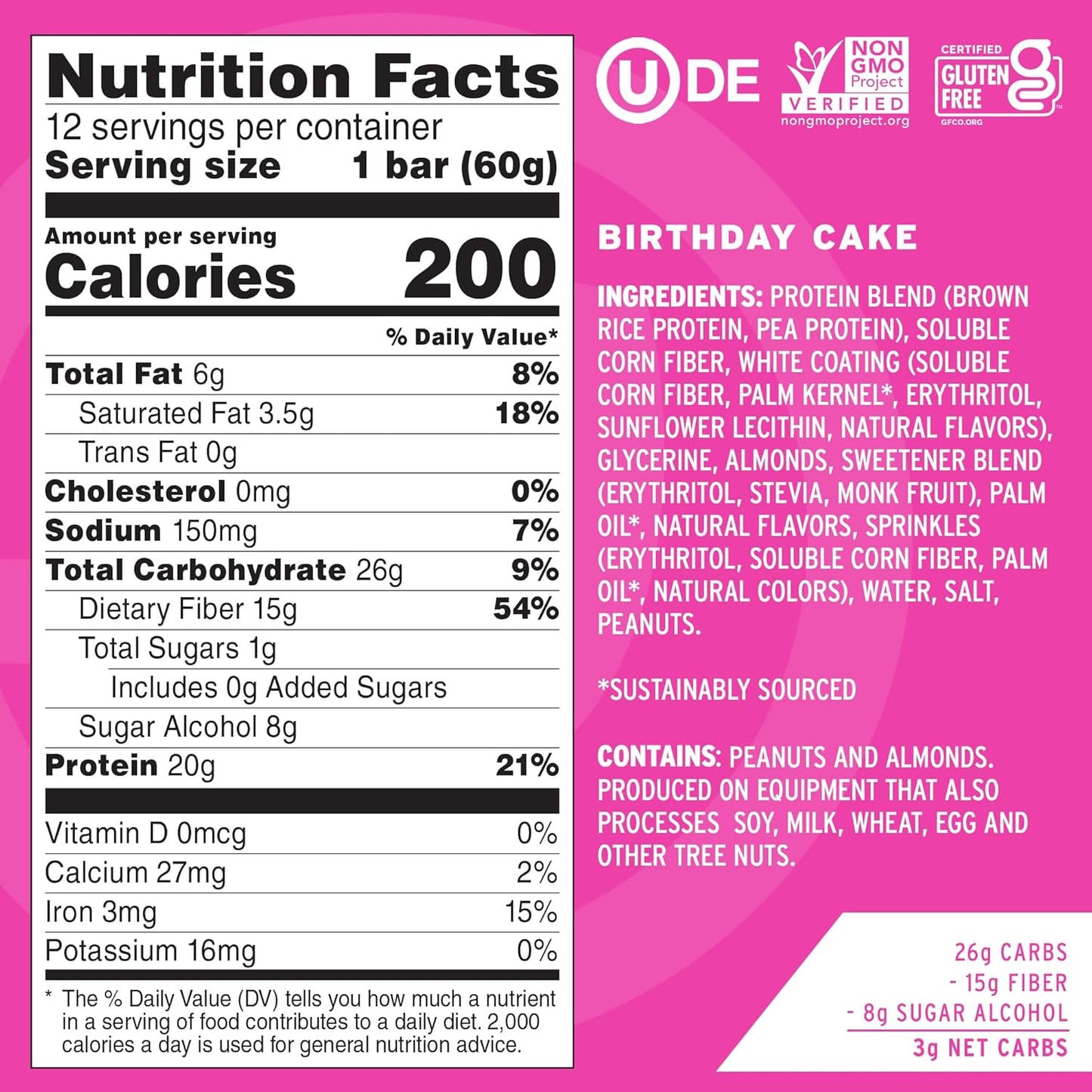 No Cow High Protein Bars, Dipped Birthday Cake - Healthy Snacks, 20g Vegan Protein, High Fiber, Low Sugar, Keto Friendly, Dairy & Gluten Free (12 Count)
