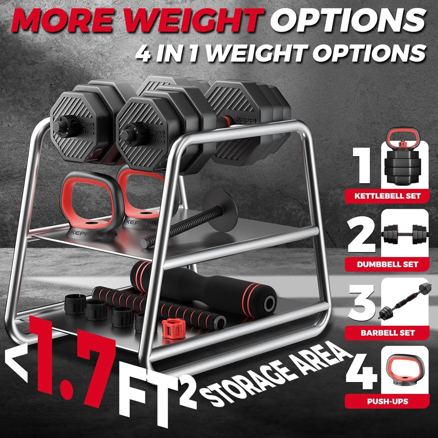 KeppiFitness Adjustable Dumbbell Set, 30/40/50/70/90 lb Weight Set with Connector Bar, 4 in 1 Workout Gear with Dumbbell, Kettlebell, Barbell, Push up Handle for Home Gym Fitness Exercise