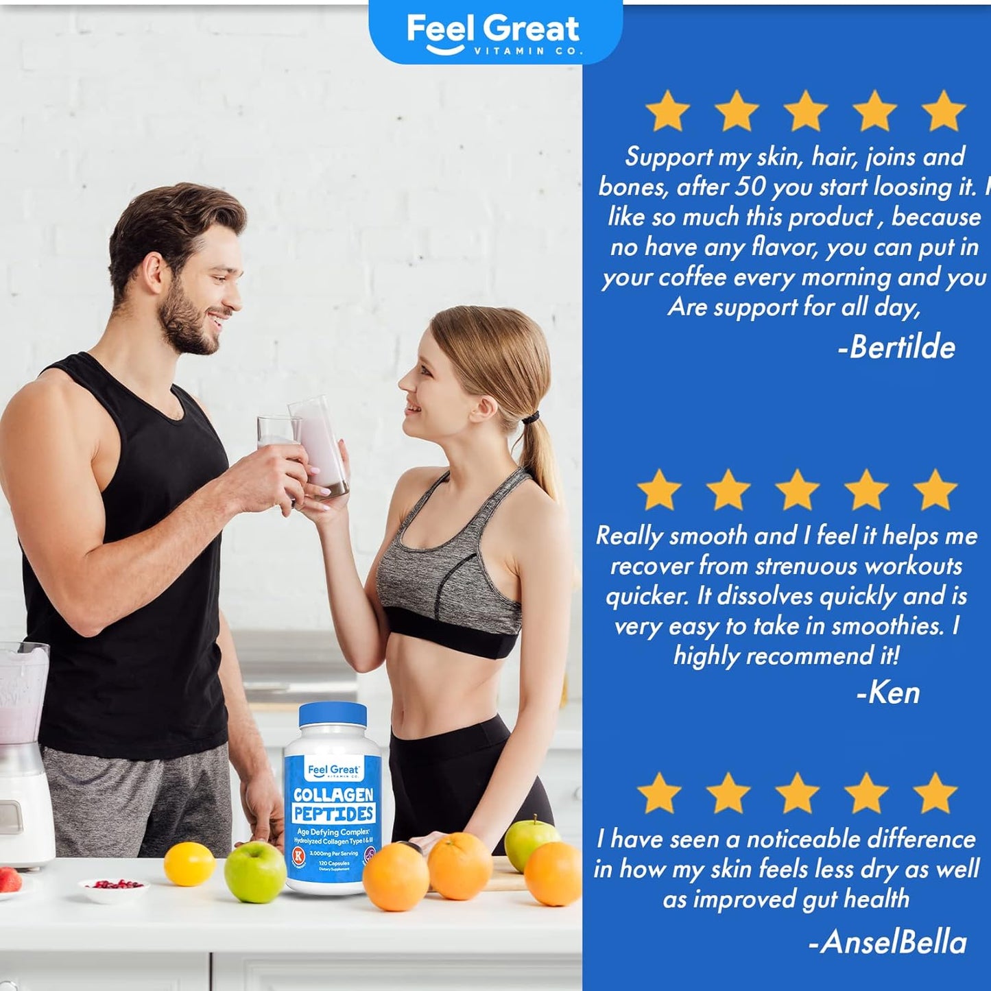 Hydrolyzed Collagen Peptides Powder Capsules (Type I &III) by Feel Great Vitamin Co. | Wheat Free, Keto & Paleo Friendly | Collagen Powder Supplement for Hair, Skin and Nails*