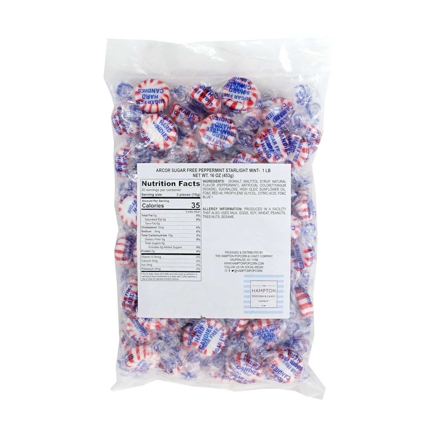 Arcor Sugar Free Peppermint Starlight Mints, 1 Pound Bulk Bag (Approx 70 Pieces), Individually Wrapped Hard Candy, The Hampton Popcorn & Candy Company
