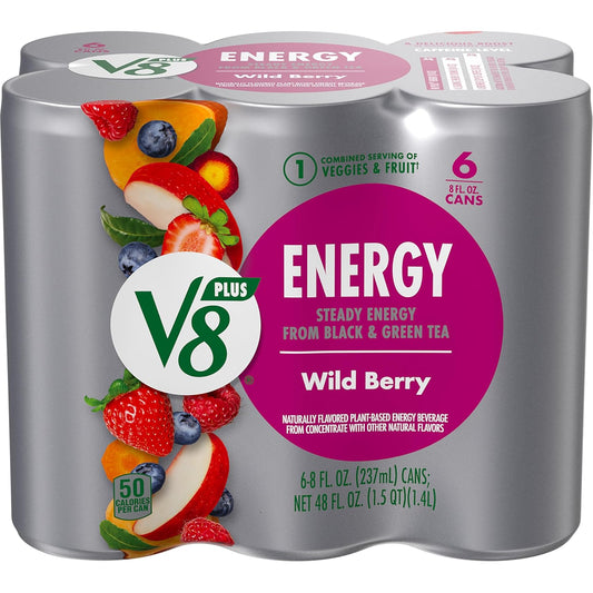 V8 +Energy Wild Berry Juice Energy Drink, 8 fl oz Can (6 Pack)