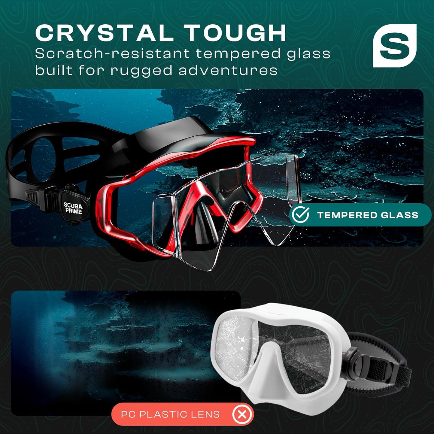 Pano 3 Scuba Diving Mask, Tempered Glass Snorkel Mask Three-Window Scuba Mask No-Leak Dive Mask Silicone Skirt Diving Mask for Snorkeling and Scuba Use