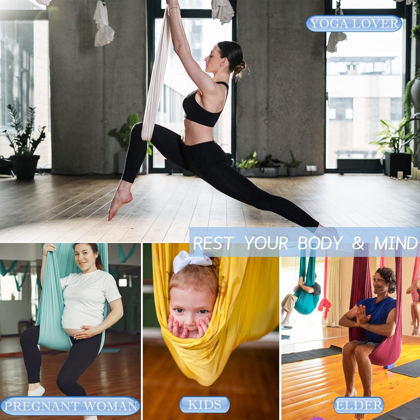 Aerial Silks Yoga Swing Set - 9/11 Yards Aerial Yoga Hammock Kit Anti-Gravity Flying for Fitness, Low/Non Stretch Nylon Tricot Fabric Hardware Included for Dance