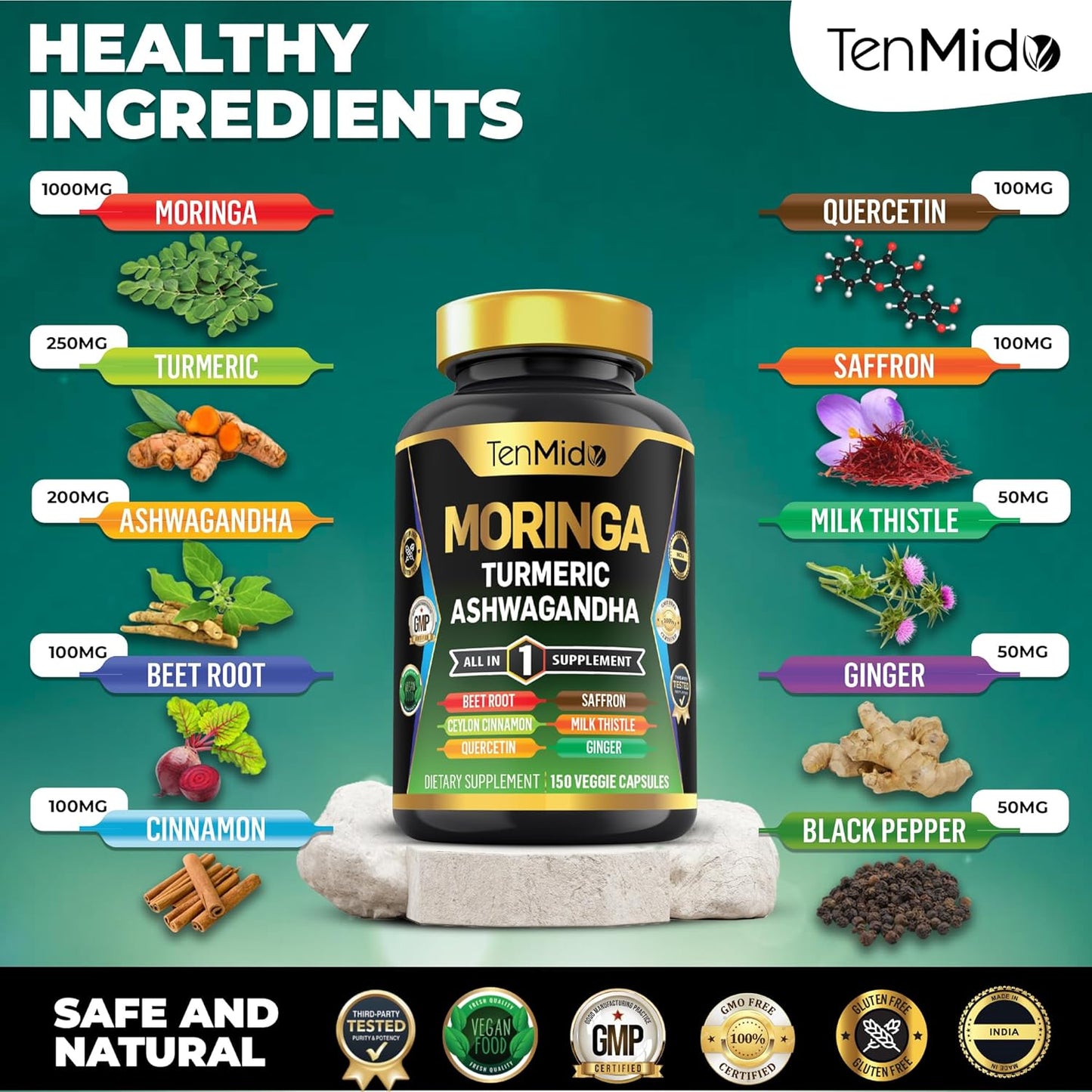 Moringa Oleifera Supplement for Men and Women, 10in1 Formula with Turmeric, Ashwagandha, Ceylon Cinnamon, Beet Root, Saffron & More - Energy, Immune Support - Nutrient Rich - 150 Capsules