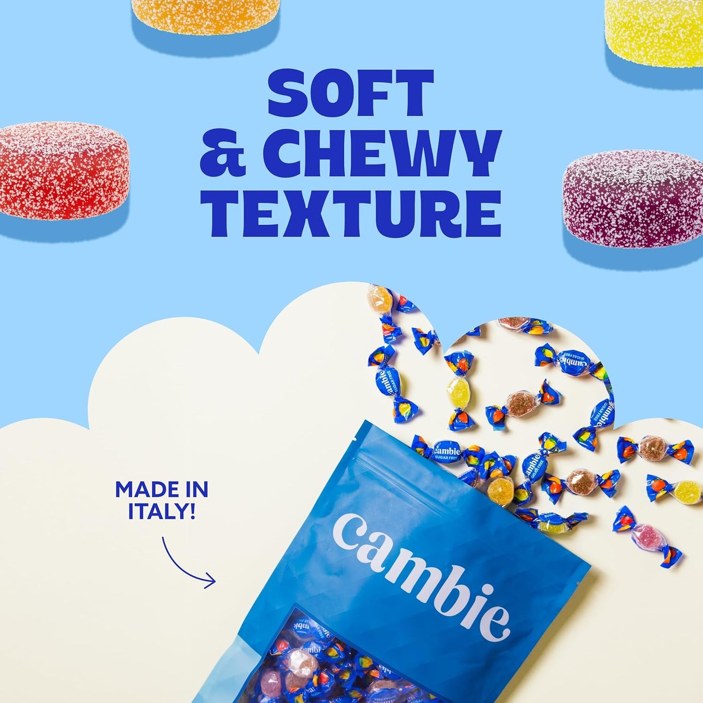 Cambie Sugar Free Gummies - 1 lb of Individually Wrapped Sugar Free Candy, Assorted Fruit Flavors, Diabetic Friendly, Keto, Low Carb, Vegan, Natural Flavors, Made in Italy