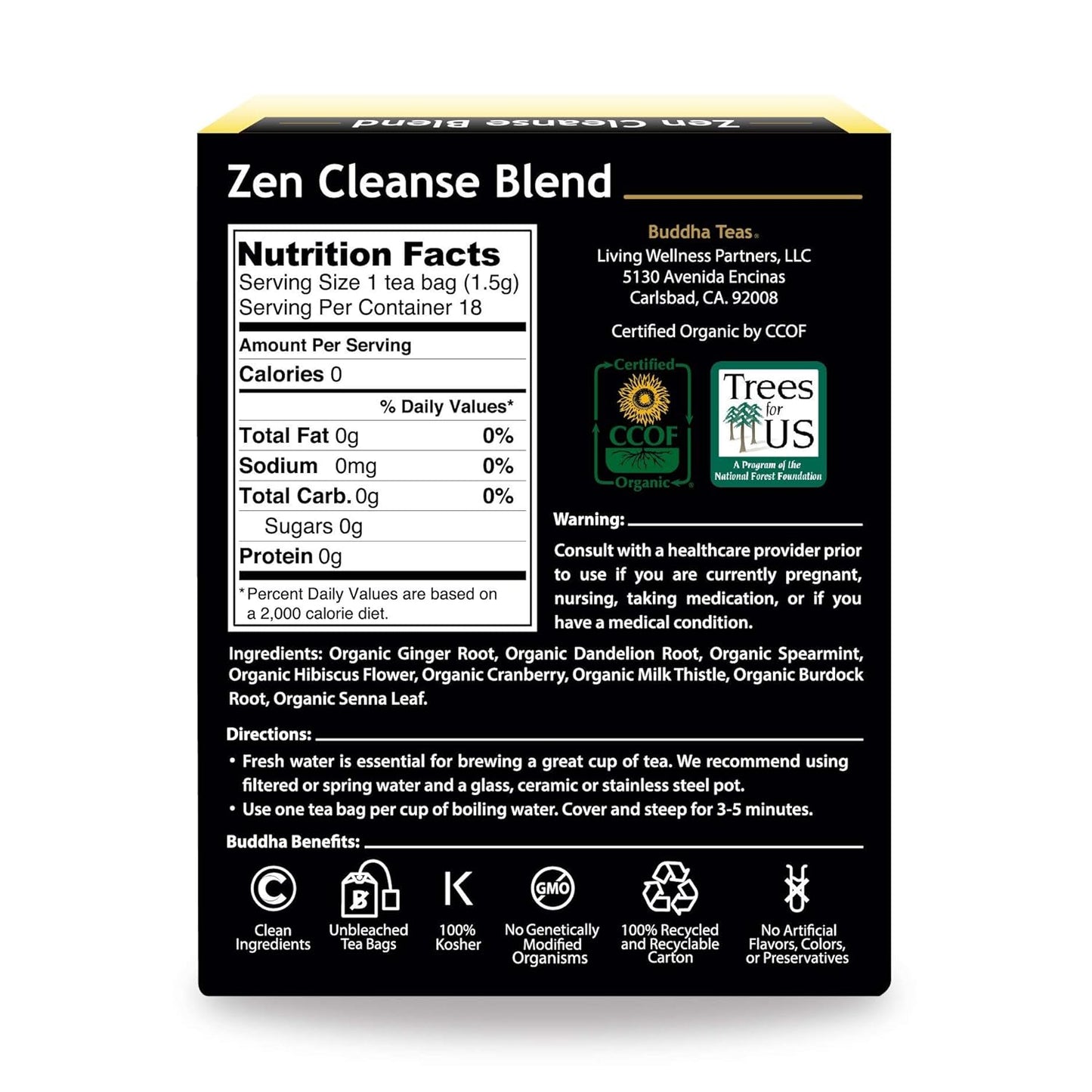 Buddha Teas Organic Zen Cleanse Blend - OU Kosher, USDA Organic, CCOF, 18 Bleach-Free Tea Bag