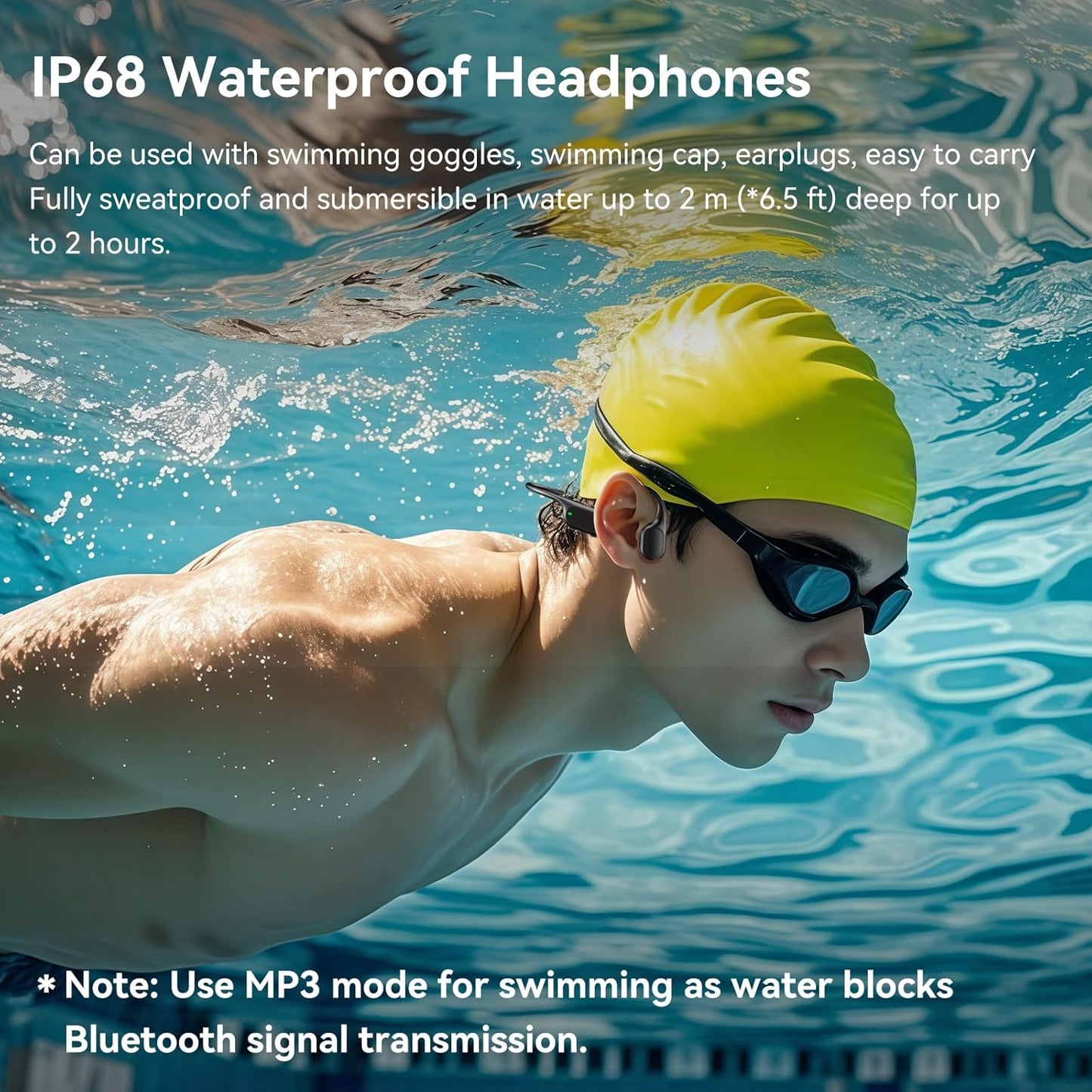 Swimming Headphones IP68 Waterproof, Open Ear Bone Conduction Headphones Bluetooth 5.4 with 32GB MP3 Player, Secure Comfort Underwater Swim Earbuds for Jogging Cycling Fitness-SurfAudio(Black)