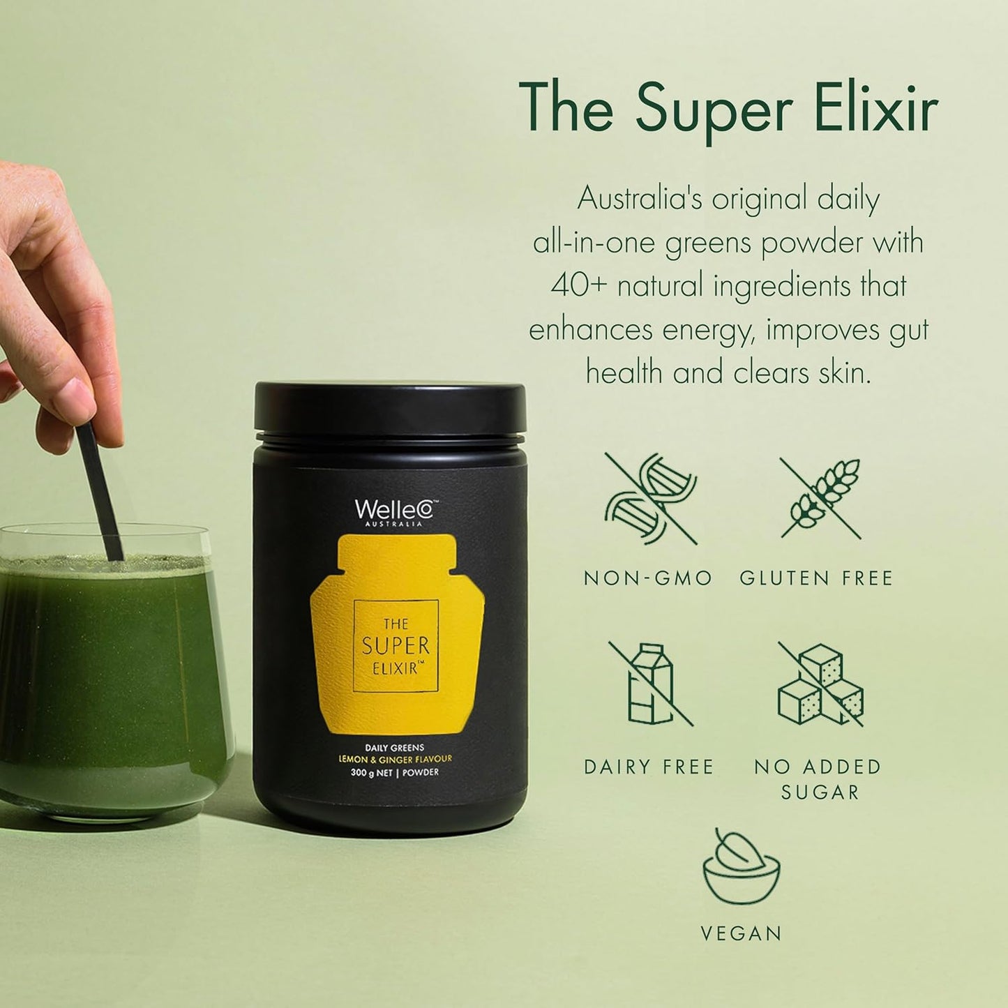 WelleCo The Super Elixir Daily Greens Powder, Probiotic Drink Mix with Whole Foods, Gluten Free, Vegan Gut Health Powder, Energy, Immunity, Healthy Skin, Hair & Nails (300g, Lemon Ginger)
