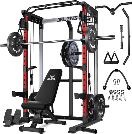 Power Cage, 2000LBS Multi-Function C21 Power Rack with Dual Pulley Cable Crossover System, All-in-One Squat Rack with More Training Attachments
