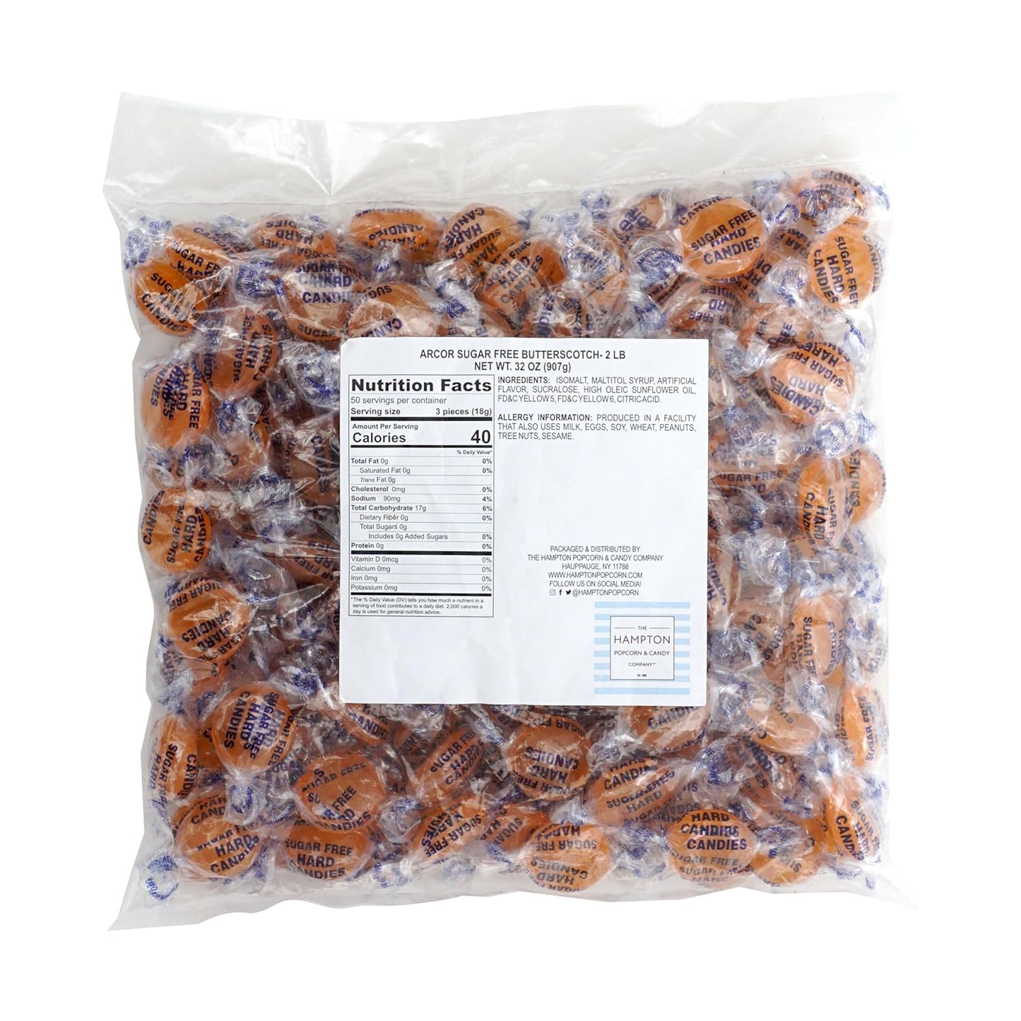 Arcor Sugar Free Butterscotch Hard Candy, 2 Pound Bulk Bag (Approx 140 pieces), Individually Wrapped Hard Candy, The Hampton Popcorn & Candy Company