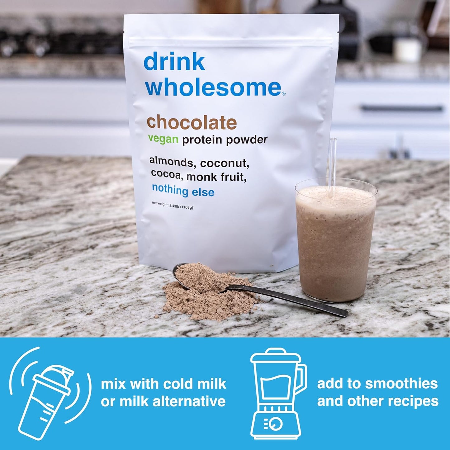 drink wholesome Vegan Chocolate Almond Protein Powder | for Sensitive Stomachs | Additive & Dairy Free | No Artificial Sweeteners | No Bloating, Farts or Gas | No Constipation or Diarrhea