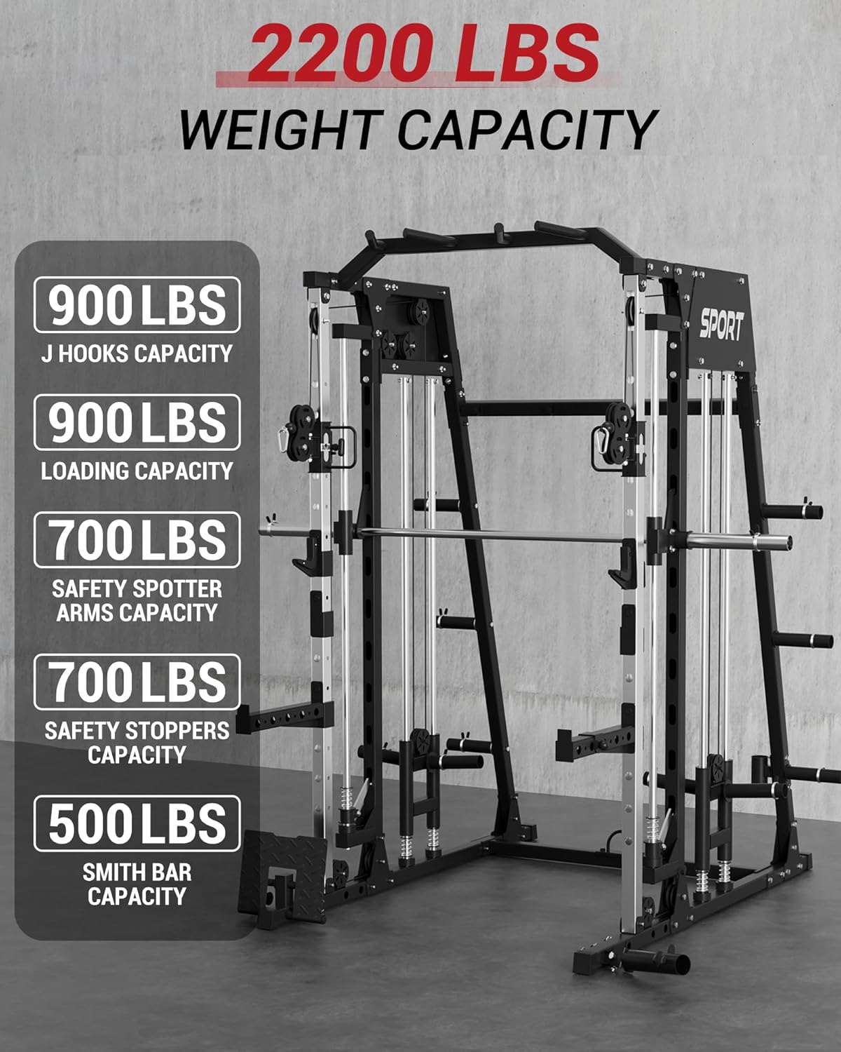 Smith Machine Home Gym, 2200 LBS All in One Squat Rack Power Cage with Smith Bar, Cable Crossover System & LAT-Pull Down System, Training Equipment