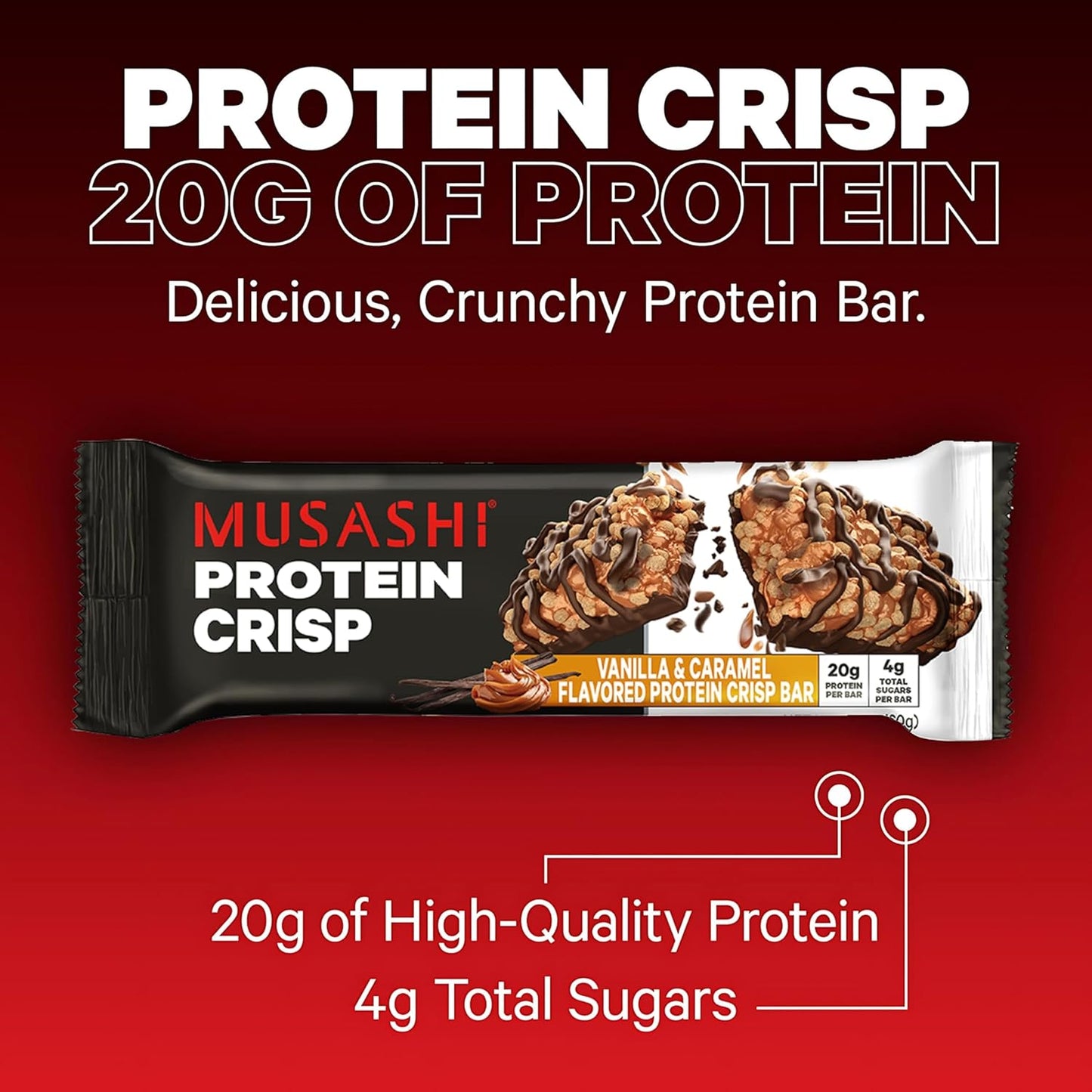 MUSASHI Protein Crisp Bar, 20g Protein, 4g Total Sugars, Vanilla & Caramel, Post Workout and Snack On The Go, 12 Pack of 2.1oz (60g) Bars