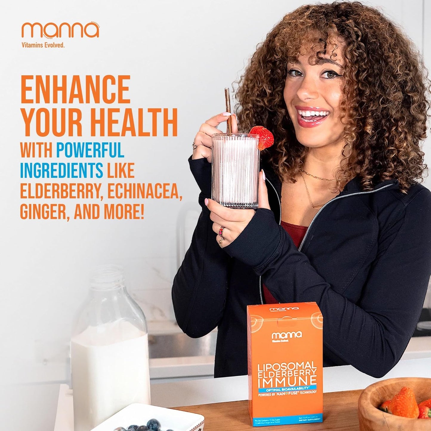 Manna Vitamins Evolved Liposomal Elderberry Immune Packets – Vitamins C, D, Zinc etc. - Daily Immune Support for Adults, Kids - Sugar Free, Real Elderberry Extract, Syrup, Travel-Friendly, 30 Pack