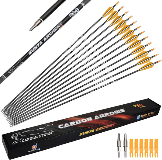 SUNYA 12-Pack 30 Inch Carbon Arrows Spine 500 or 400 for 40-60 LBS Bows｜Switch to Recurve/Compound Modes, Anti-Loose O-Ring & TPU Vanes for Hunting/Target Practice