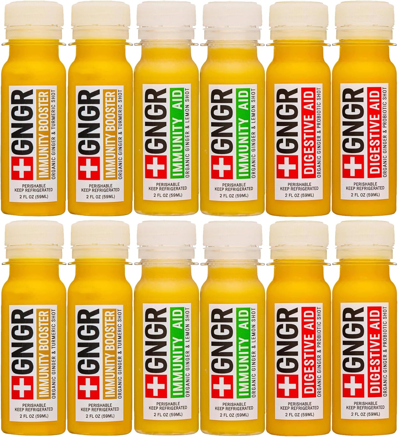 +GNGR Immunity Sampler Organic Ginger Wellness Shots - Premium Ginger Shots for All Natural Digestive Support and Immune Support - Cold Pressed Ginger Juice - Nothing Artificial (2 Oz, Pack of 12)