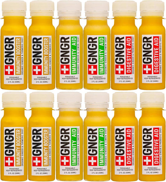 +GNGR Immunity Sampler Organic Ginger Wellness Shots - Premium Ginger Shots for All Natural Digestive Support and Immune Support - Cold Pressed Ginger Juice - Nothing Artificial (2 Oz, Pack of 12)