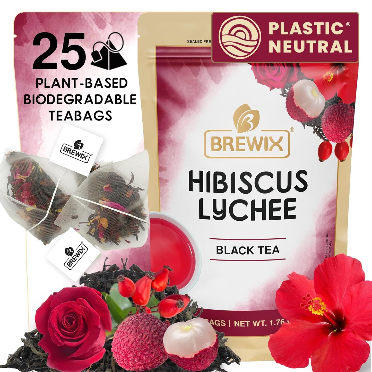 BREWIX, Hibiscus Lychee Tea Bags (25 Plant Based Tea Bags) Caffeine-Free, Made with Real - Hibiscus Flowers, Black Tea, Rosehip, Apple, Licorice, Rose | Contains Antioxidants & Support Overall Health