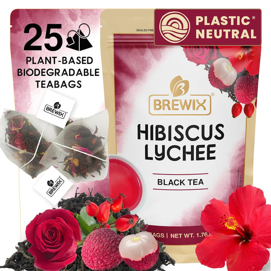 BREWIX, Hibiscus Lychee Tea Bags (25 Plant Based Tea Bags) Caffeine-Free, Made with Real - Hibiscus Flowers, Black Tea, Rosehip, Apple, Licorice, Rose | Contains Antioxidants & Support Overall Health
