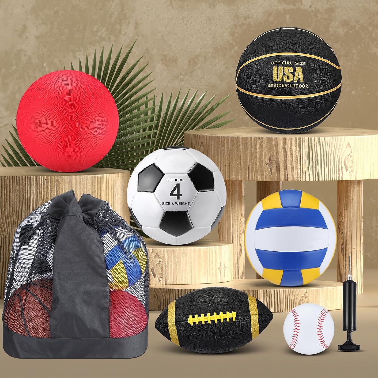 Realspring 6 Pcs Multi Sport Ball Set for Kid Teen Operation Christmas Official Size Football, Basketball, Soccer, Volleyball, Playground Ball, Baseball with Sports Equipment Bag Pump
