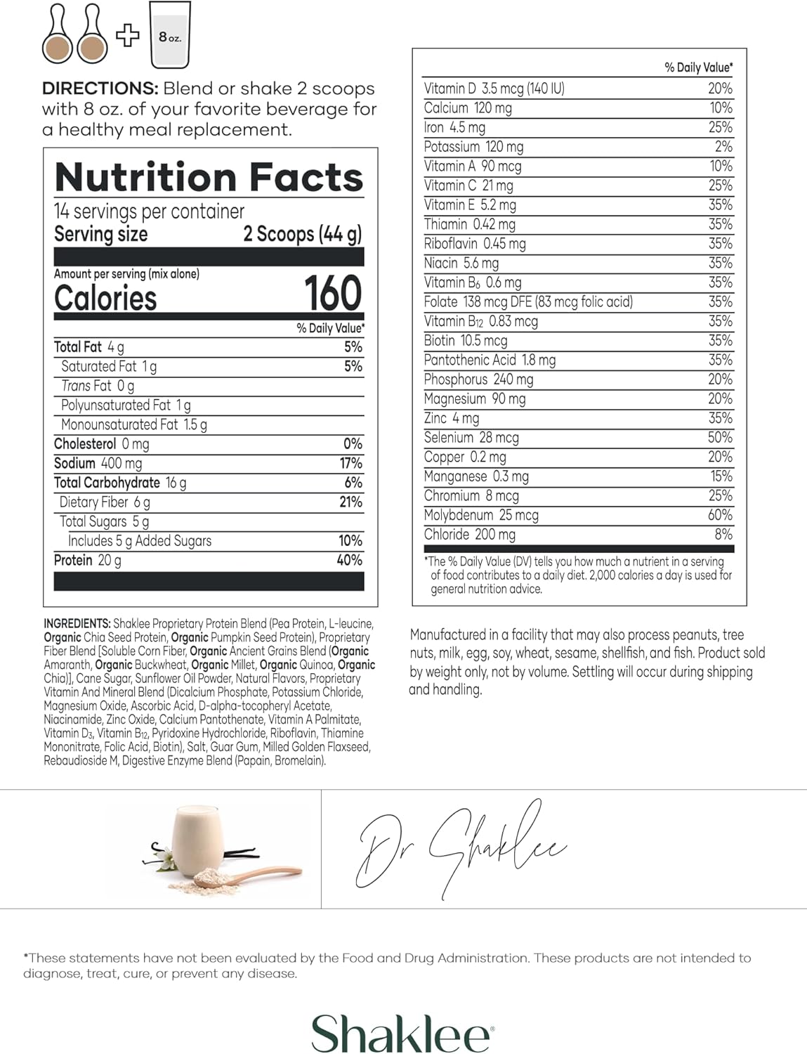 Shaklee Life Shake™ Plant Protein French Vanilla - Complete Meal Replacement with 20g Protein, 6g Fiber, 24 Vitamins & Minerals - Supports Satiety & Healthy Weight - Non-GMO - 14 Servings