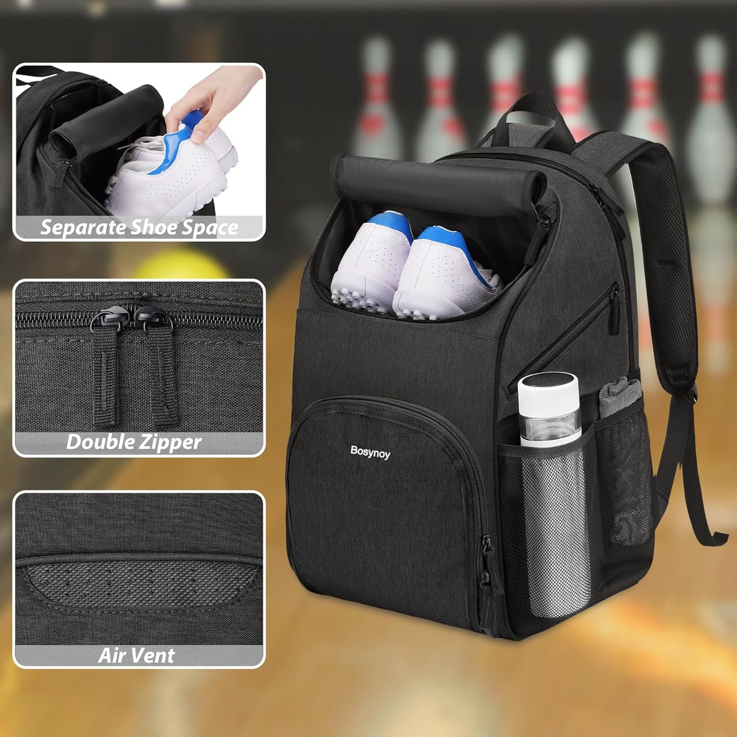 Bosynoy Bowling Backpack, Bowling Ball Bag Totes for Single Ball with Shoe Compartment & Foam Padded, Fits Shoes Up to US Mens Size 16, Grey