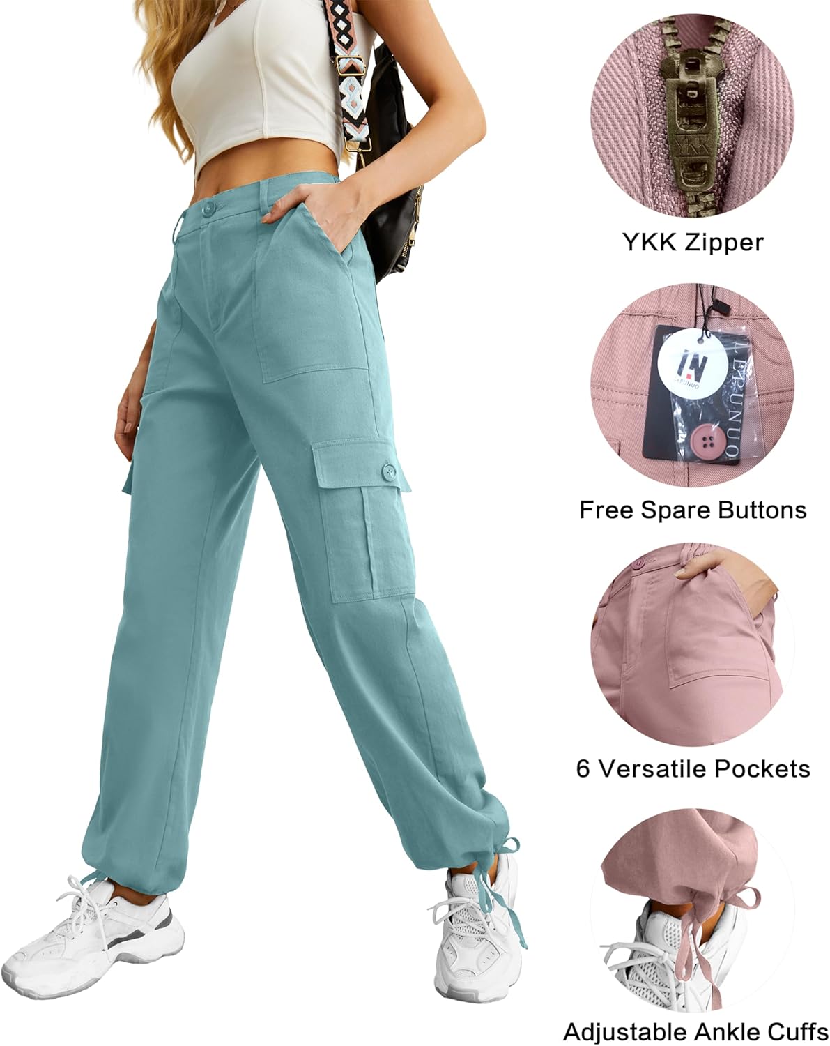 Lepunuo Women's High Waisted Cargo Pants Travel Y2K Streetwear Baggy Stretchy Pants with 6 Pockets Drawstring Ankle Cuffs