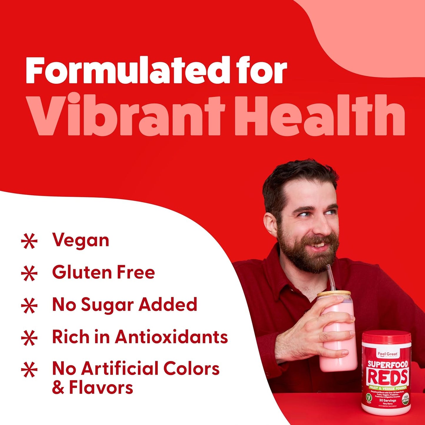 Feel Great Organic Superfood Reds Powder Packed with Beet Root Powder | Digestive Support Including Bloating Relief | Fruit and Veggie Polyphenols Supplement.