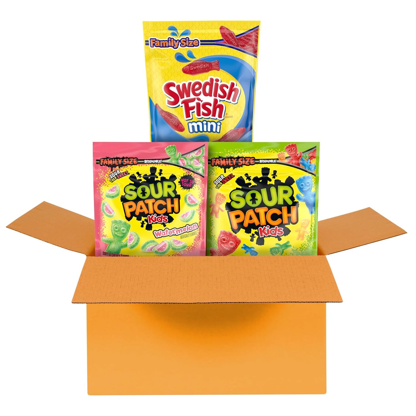 SOUR PATCH KIDS Original, SOUR PATCH KIDS Watermelon, and SWEDISH FISH Mini Soft & Chewy Candy Variety Pack, Family Size, Bulk Candy, 3-1.8 lb Bags