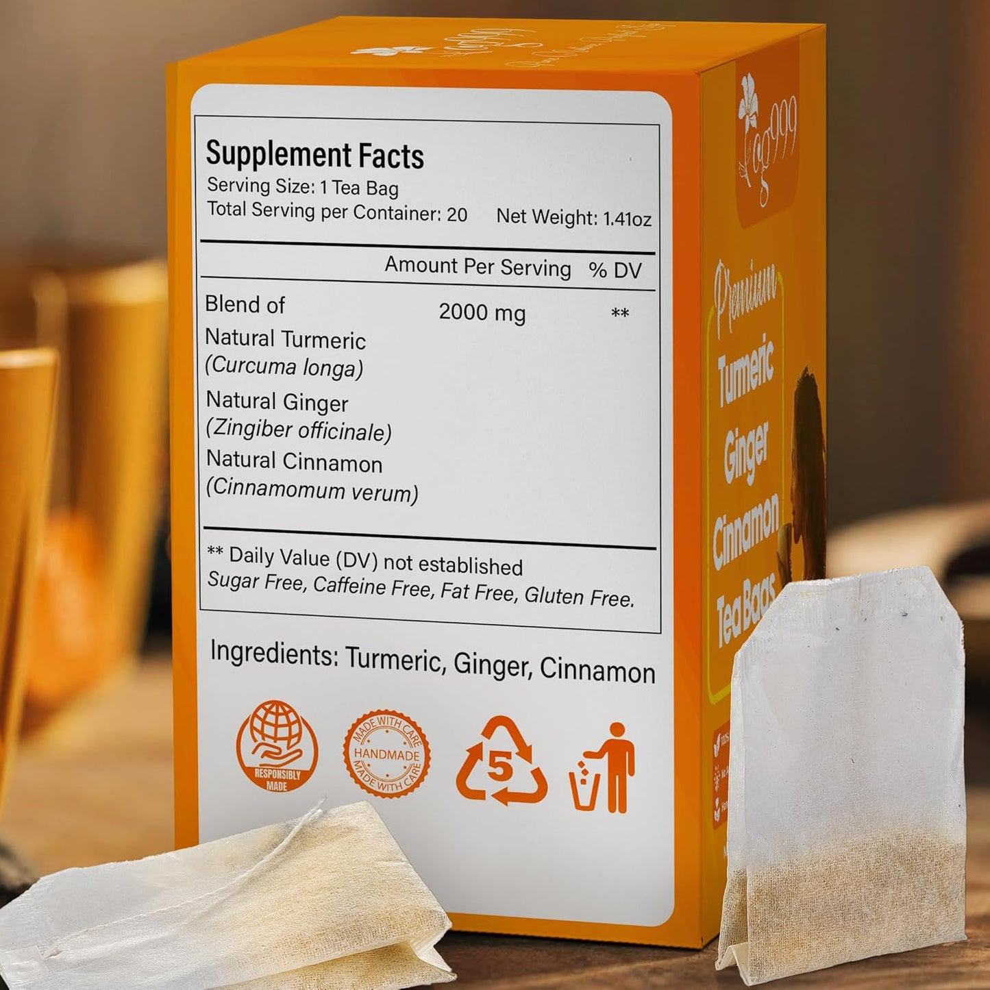 TOG999, Premium 20 Tea Bags Turmeric, Ginger, Cinnamon, 100% Natural, Hand-made Blend of Turmeric, Ginger, and Cinnamon Herbal Tea. Eco-conscious Tea Bags. No Sugar, No Caffeine, No Gluten, Vegan.