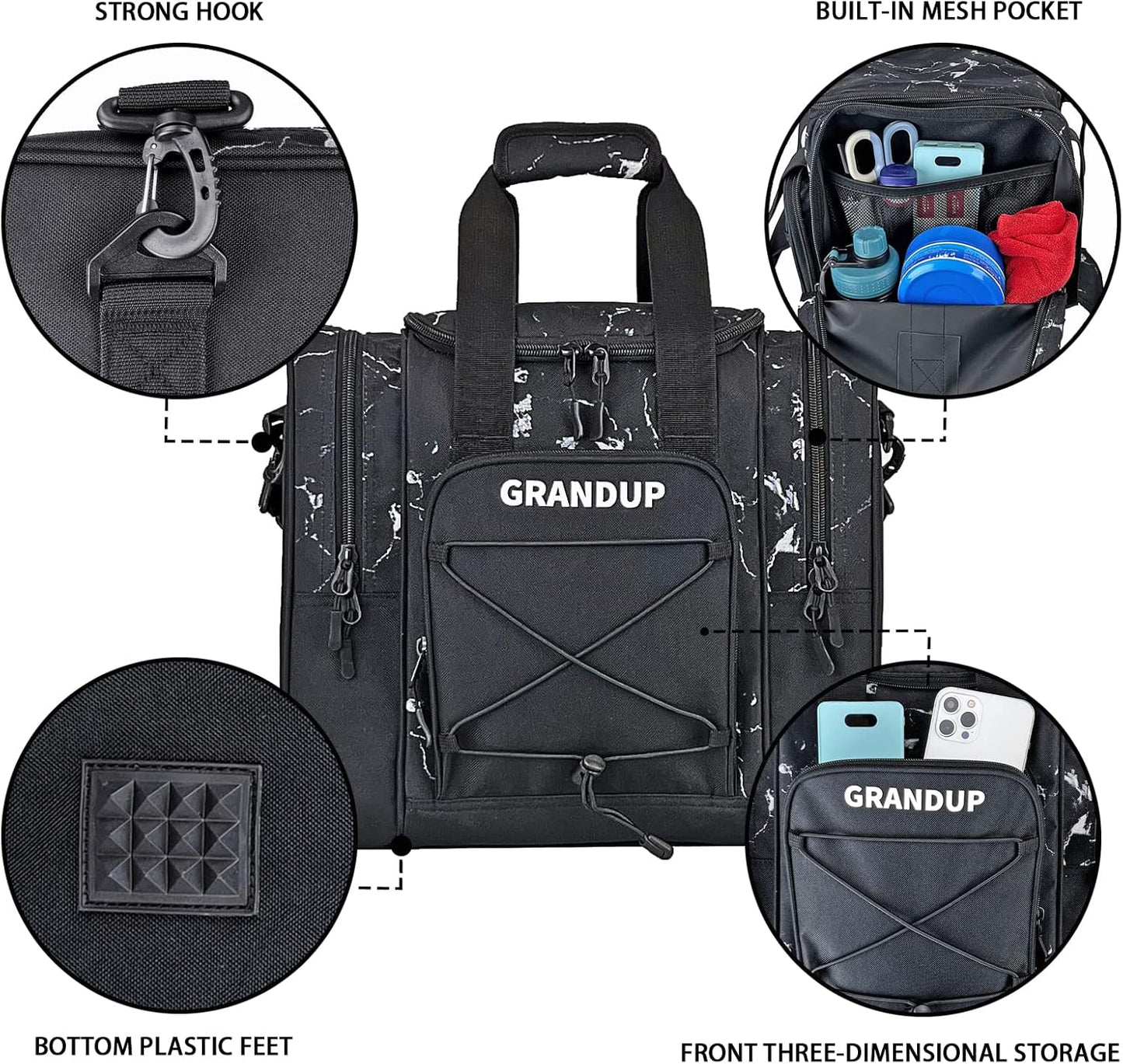 GRANDUP Bowling Ball Bag for Single Ball - Black Bowling accessories Ball Tote Bag Bowling Bag with Padded Ball Holder - Fits Bowling Shoes Up to Mens Size 14