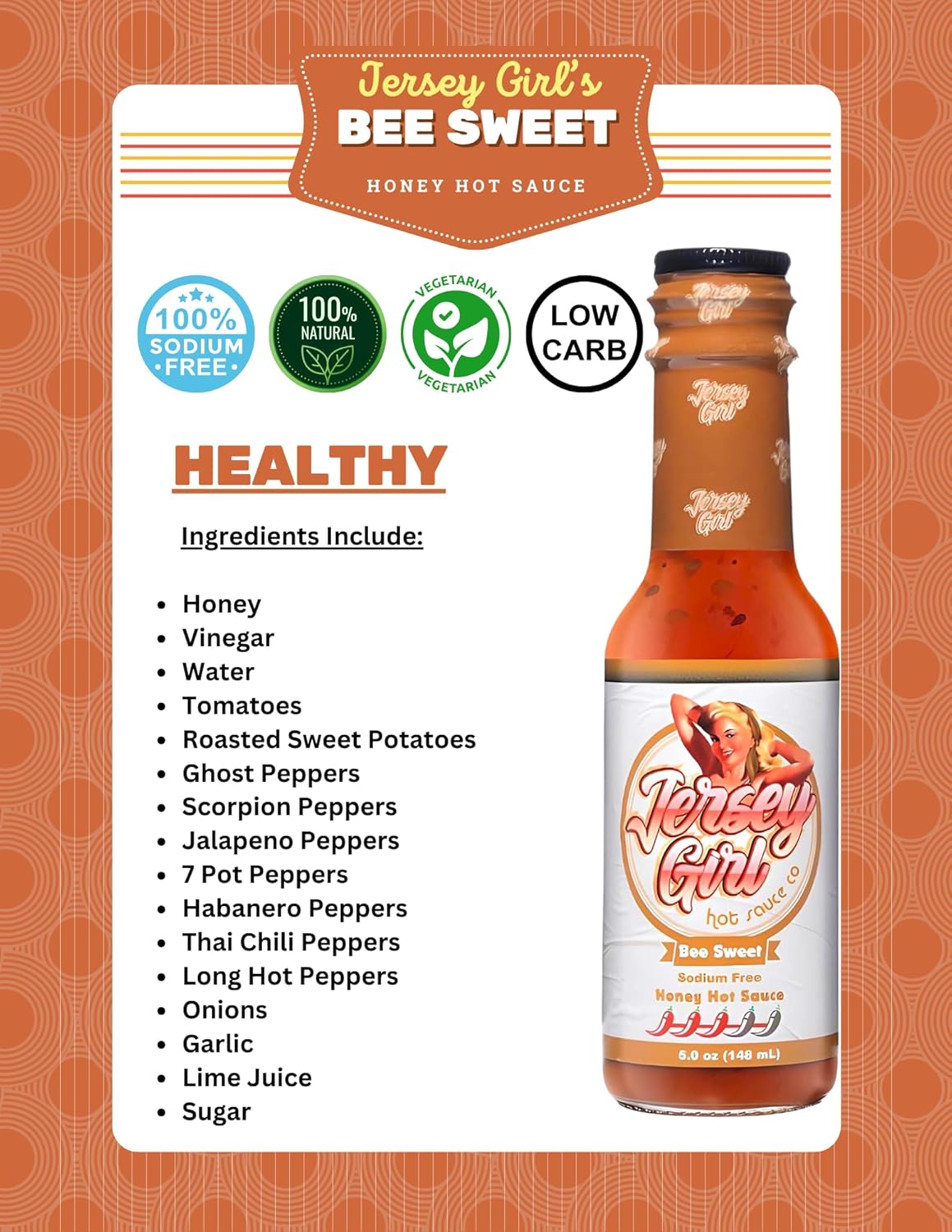 Jersey Girl (Bee Sweet Honey Hot Sauce) Trinidad Scorpion & Ghost Pepper - No Sodium/Salt Free