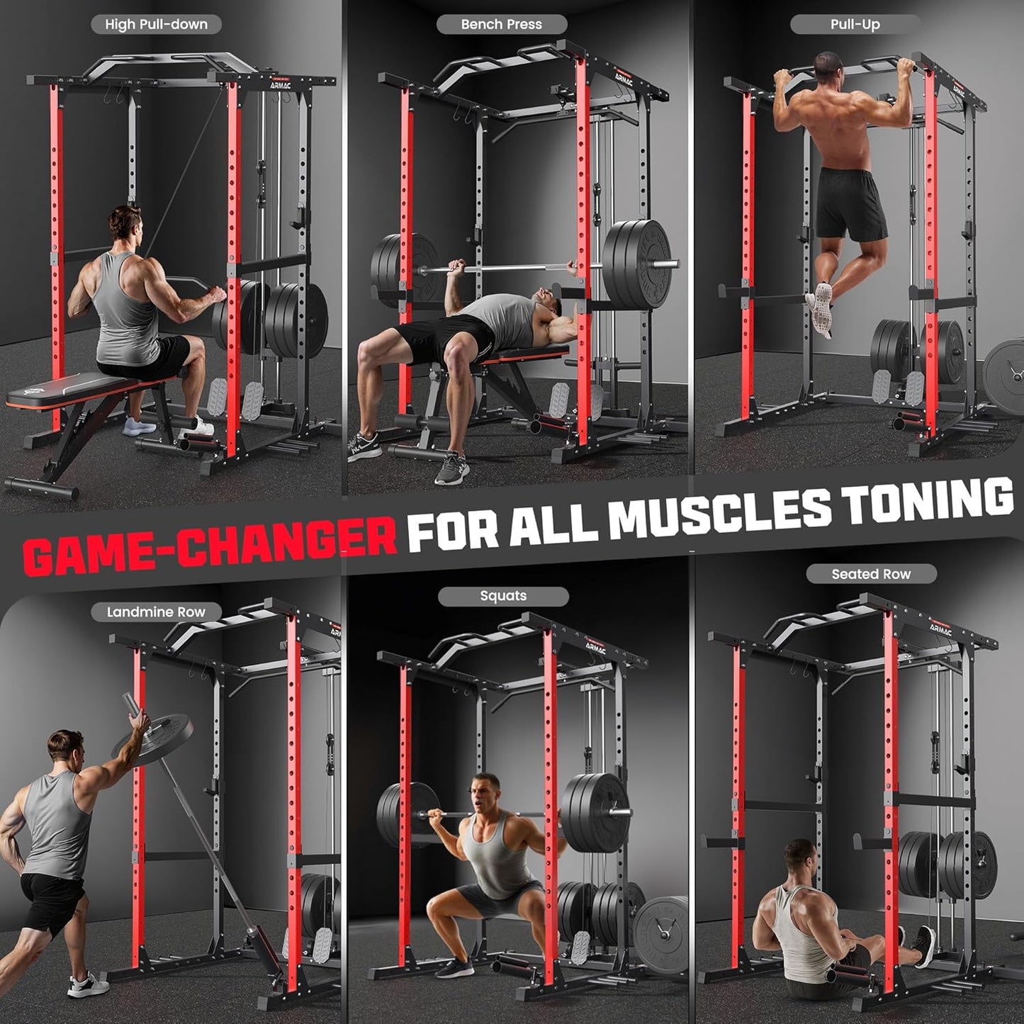 ARMAC Power Cage,1500lbs Multi-Function Power Rack with Adjustable Cable Crossover System and More Training Attachment, Weight Cage for Home Gym