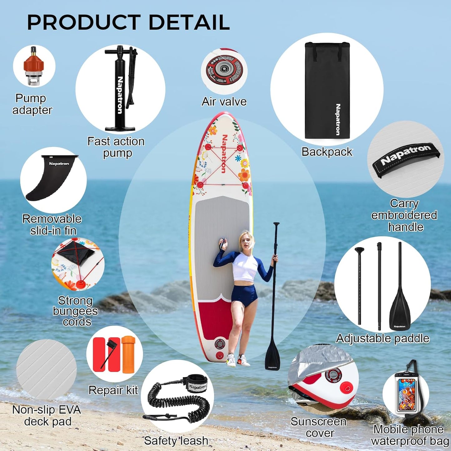 Napatron Family Inflatable Stand Up Paddle Board, Sup,Stable Wide Design,350LBS Capacity,Complete Paddle Board Package with Fast Action Pump,Leash,Ideal for Beginners/Youth & AllSkill Levels