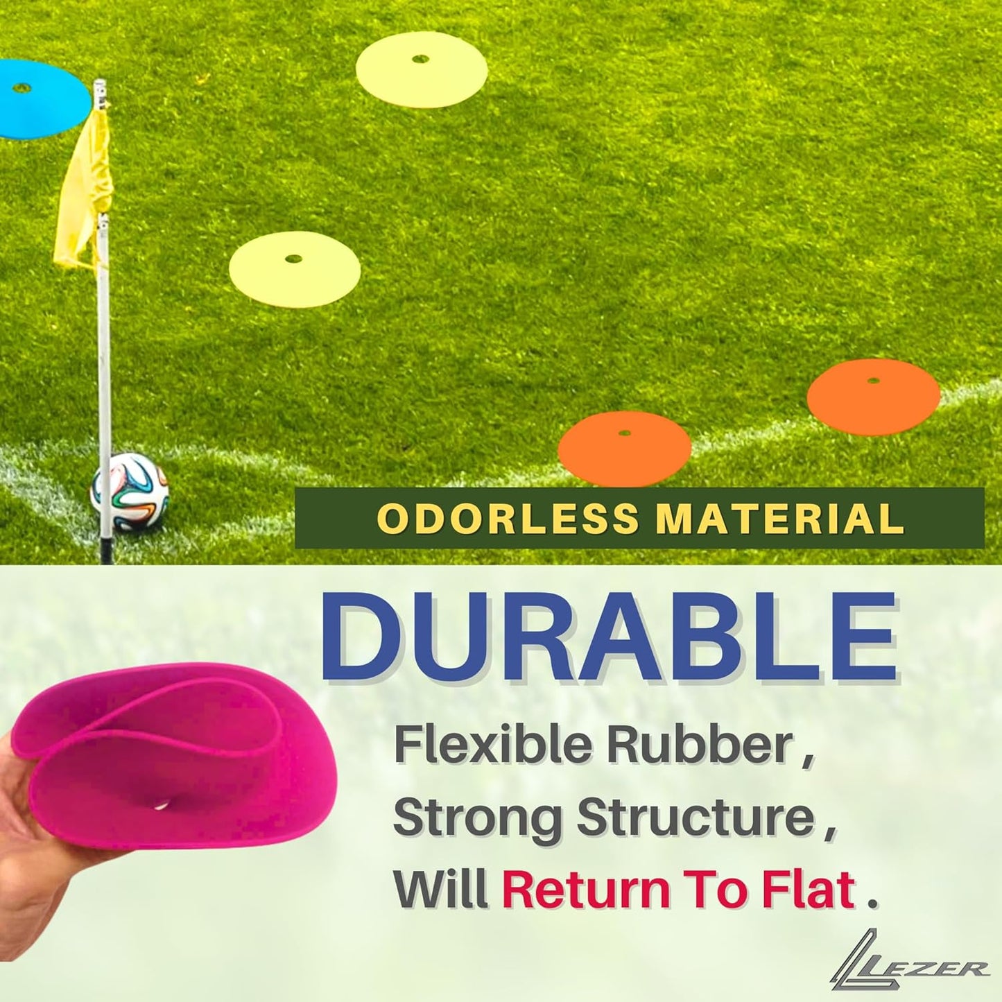 LEZER 9 Inch Flat Cones, Spot Markers, Soccer Cones, Field Court Markers, Sit Spots, Flat Discs, Soccer Training Equipment, Agility Practice, Football, Made in Taiwan