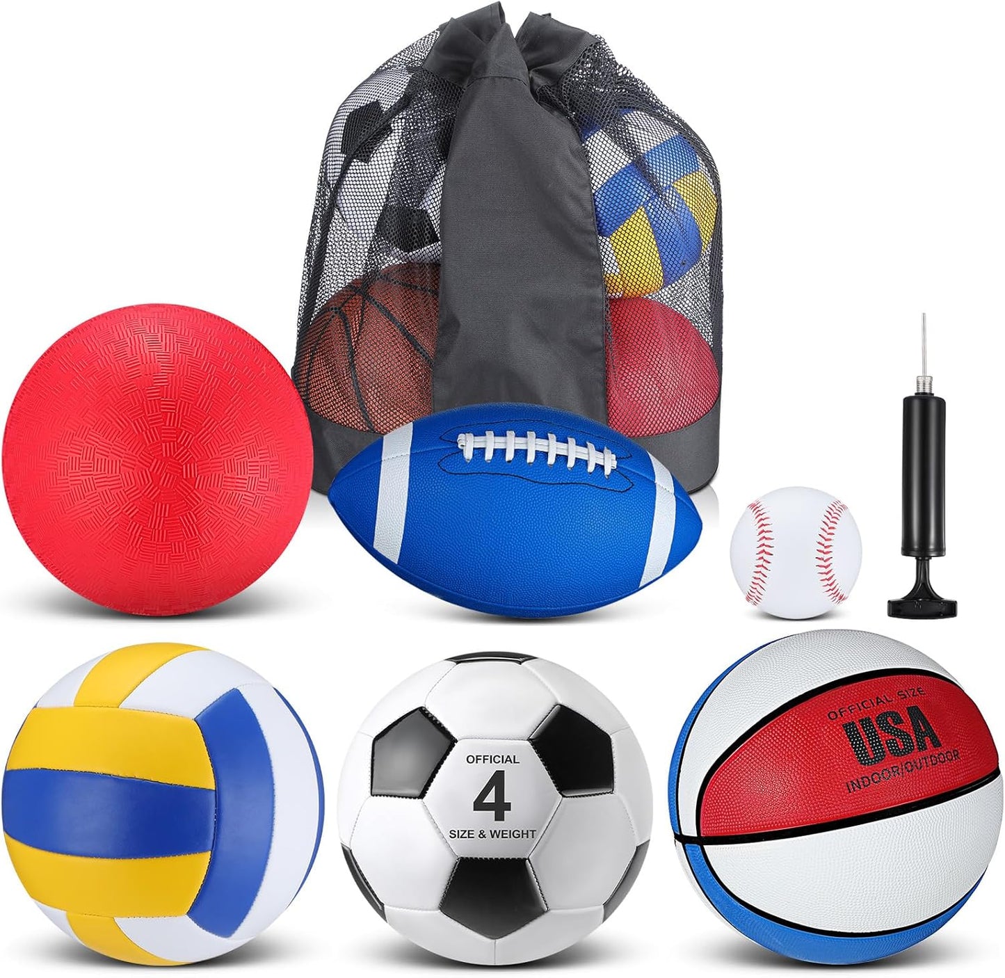 Realspring 6 Pcs Multi Sport Ball Set for Kid Teen Operation Christmas Official Size Football, Basketball, Soccer, Volleyball, Playground Ball, Baseball with Sports Equipment Bag Pump