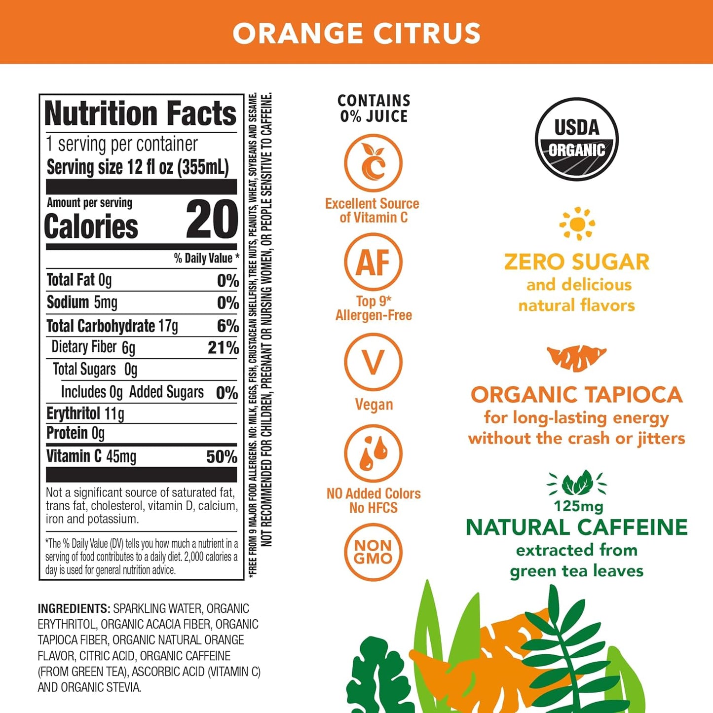 OCA ZERO Orange Citrus, Organic energy drink, zero sugar, gluten-free, vegan plant-based, 12 Fl Oz (12-pack)